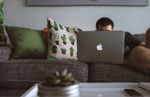 man sitting on gray couch on apple laptop with green plant pillows